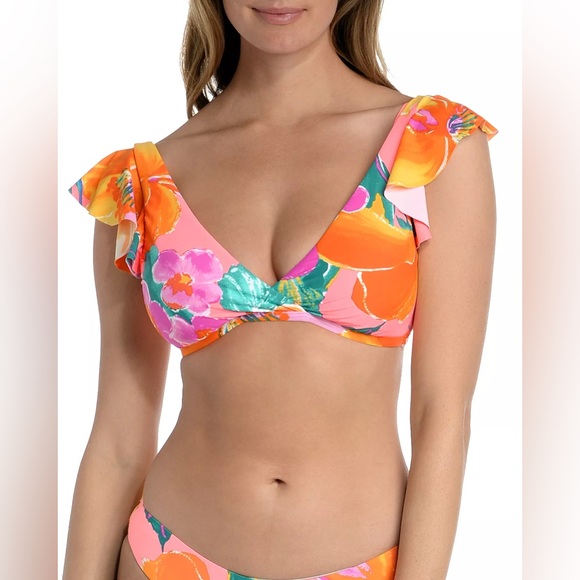 NWOT LA BLANCA Isla Printed Flutter Sleeve Bikini Top Size 14 - Picture 1 of 8